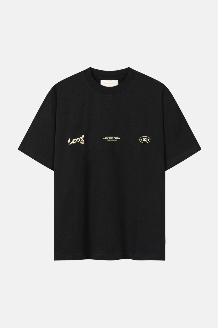 Zwart T-shirt met korte mouwen van ANOTHER COTTON LAB, met gouden tekst op de borst.

