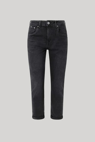 Zwarte mom jeans van Pepe Jeans, met klassieke denim textuur en opgerolde pijpen.