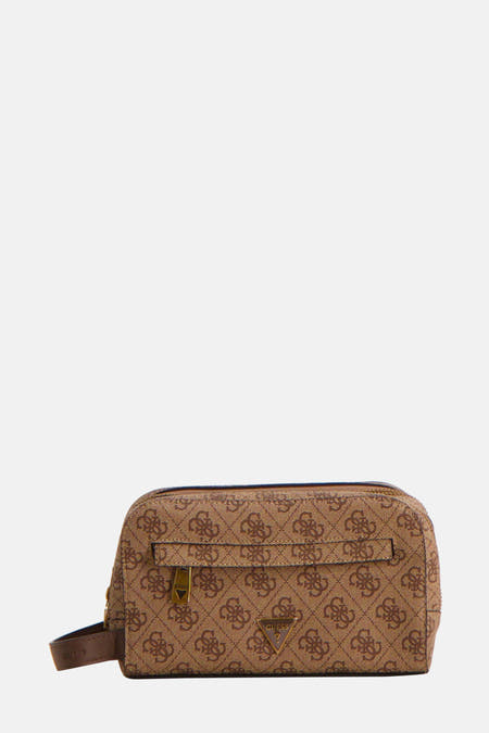 Bruine toilettas van Guess met een logo-patroon en bruine details.
