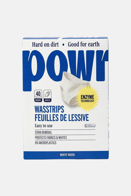 Wit wasstripverpakking met blauwe letters en enzymtechnologie, van WONDR CARE, 40 wasbeurten, 0% microplastics