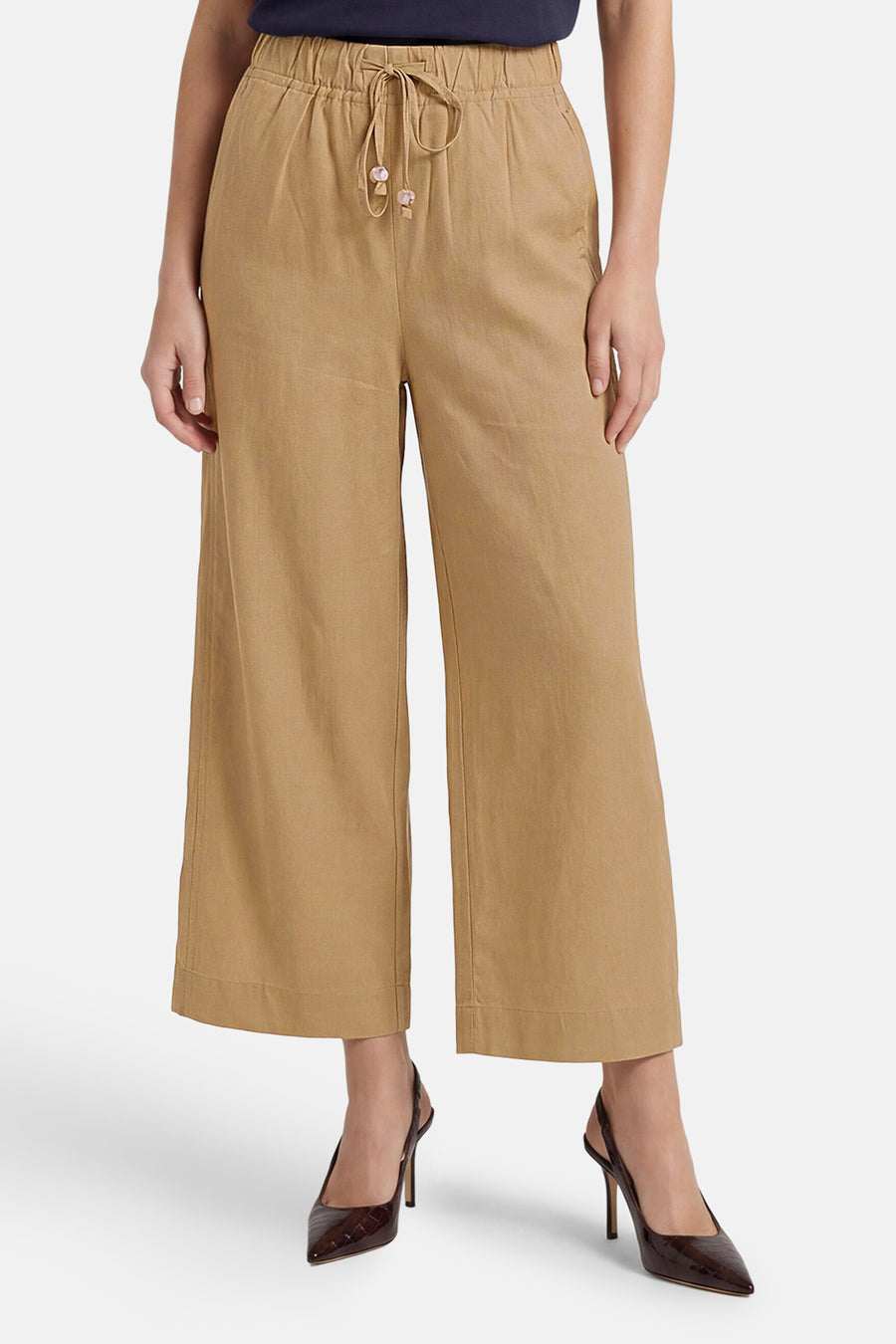 Beige damesbroek met elastische taille van ADORE, wijde pijpen, trekkoord met knoopdetails, cropped model, vooraanzicht