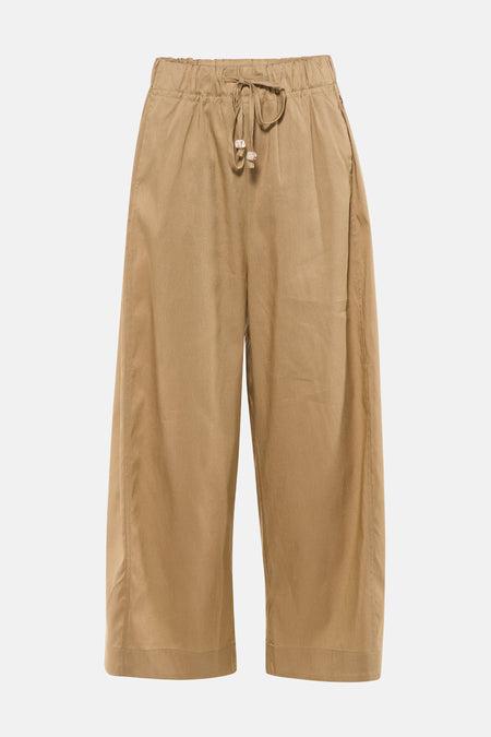 Beige damesbroek met elastische taille van ADORE, voorzien van trekkoord met knoopdetails, wijde pijpen en gestreepte stofstructuur, front view