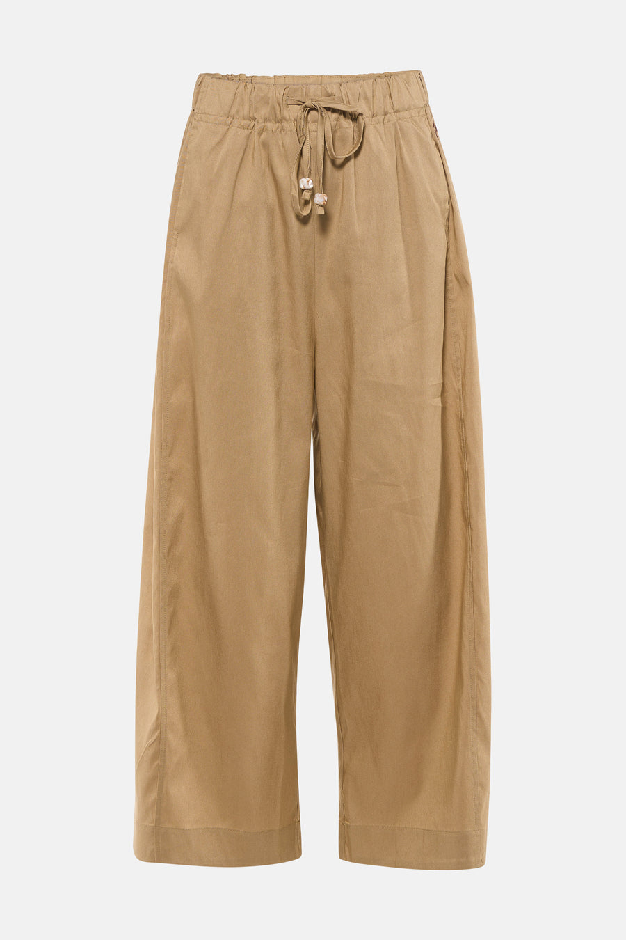 Beige damesbroek met elastische taille van ADORE, voorzien van trekkoord met knoopdetails, wijde pijpen en gestreepte stofstructuur, front view