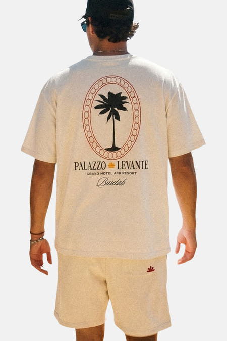 Witte korte mouwen t-shirt van BASELAB met palmboomprint en ovale rand, rugzijde weergegeven, casual stijl