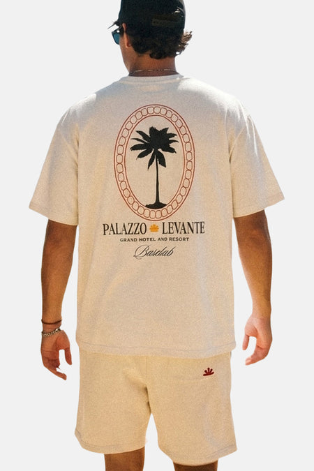 Witte korte mouwen t-shirt van BASELAB met palmboomprint en ovale rand, rugzijde weergegeven, casual stijl