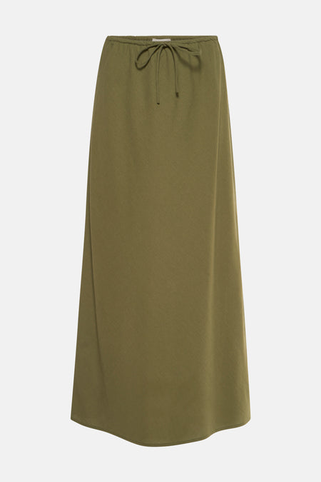 Groene lange rok van GRACE & MILA, met een trekkoord in de taille en een effen stof.
