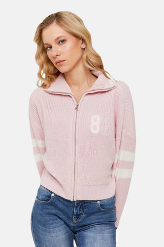 Roze vest van TALLY WEIJL, met lange mouwen met witte strepen en een ritssluiting.