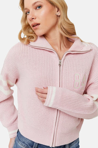 Roze cardigan van TALLY WEIJL met ritssluiting en lange mouwen met strepen.