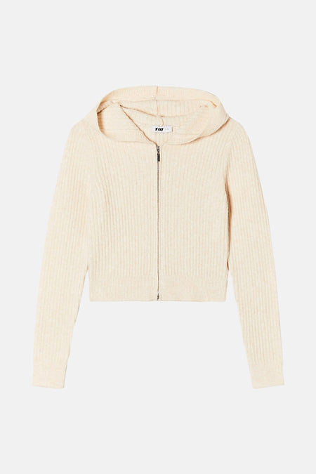Beige cardigan met rits van TALLY WEIJL, met een ribgebreide textuur en capuchon.