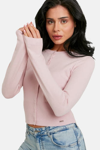 Roze cardigan van TALLY WEIJL, met lange mouwen en knoopsluiting, gecombineerd met jeans.