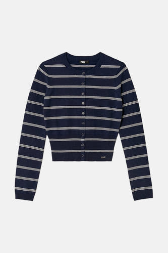 Cardigan bleu de TALLY WEIJL avec des rayures blanches et une fermeture à boutons.