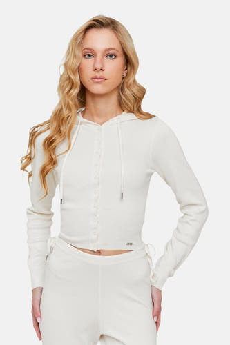 Beige cardigan van TALLY WEIJL, met knoopsluiting, lange mouwen en capuchon met trekkoorddetail.