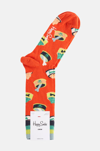 Oranje sokken van Happy Socks met een patroon van hondenvoerbakken en strepen bij de boord.
