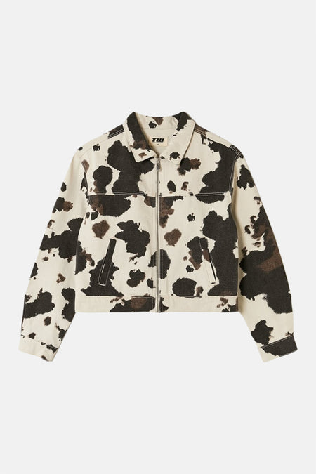 Veste courte multicolore de TALLY WEIJL, avec imprimé vache, fermeture éclair, col et deux poches avant.