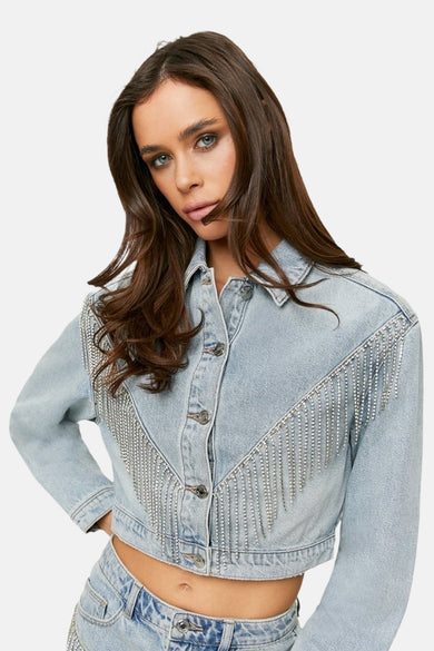 Jeansjas in lichtblauw denim van TALLY WEIJL, versierd met zilverkleurige franjes op de schouders.