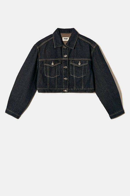 Donkerblauwe jeansjas van TALLY WEIJL, met lange mouwen en borstzakken.