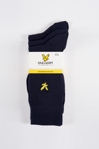 Blauwe sokken van LYLE & SCOTT, gebonden met een gele papieren wikkel met merklogo en maatinformatie.