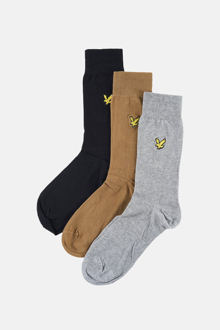 Chaussettes multicolores de LYLE & SCOTT, avec logo brodé sur chaque chaussette en noir, marron et gris.