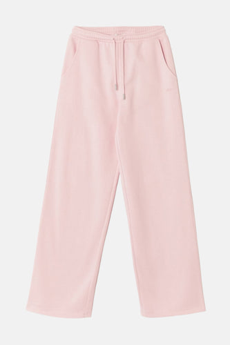 Roze, brede joggingbroek met zakken en trekkoord.

