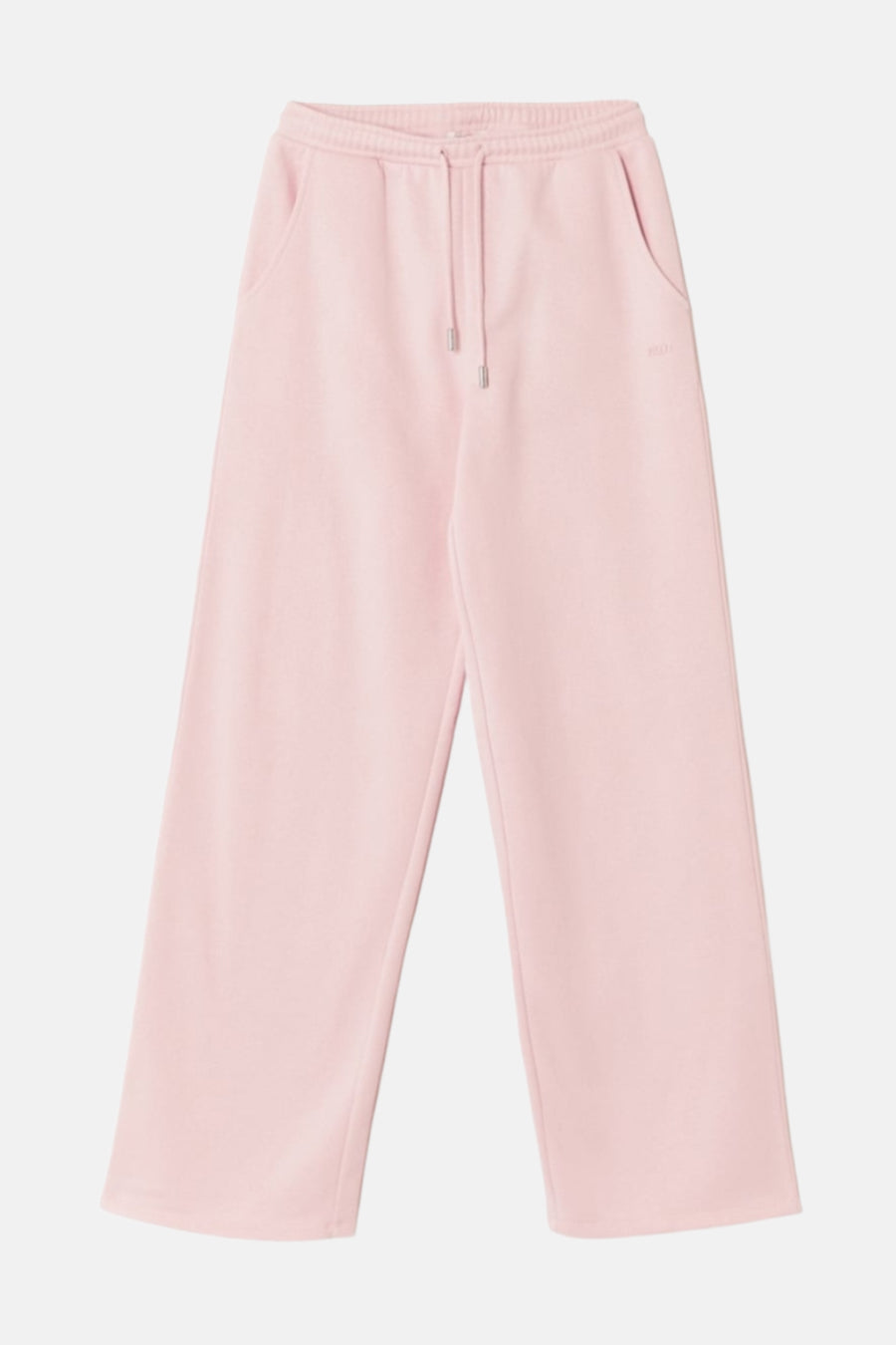 Roze, brede joggingbroek met zakken en trekkoord.

