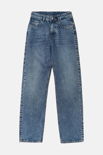 Blauwe denim rechte jeans van TALLY WEIJL, met zilverkleurige studs op de zijkanten.