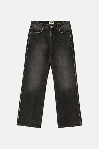 Middengrijze rechte spijkerbroek van TALLY WEIJL met een vervaagde look en zilverkleurige studs langs de zijnaden en zakken.