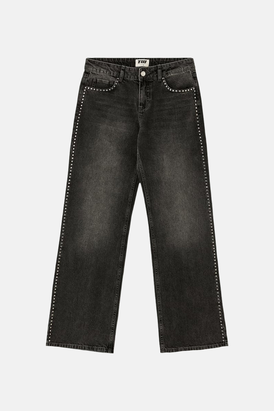 Middengrijze rechte spijkerbroek van TALLY WEIJL met een vervaagde look en zilverkleurige studs langs de zijnaden en zakken.