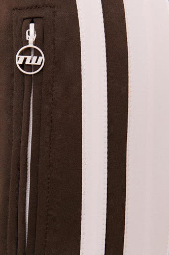 Pantalon de jogging marron de TALLY WEIJL avec des rayures blanches et un détail de fermeture éclair.