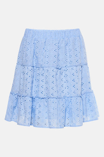 Blauwe korte rok van HAILYS, met broderie en drielaags ontwerp met ruches.
