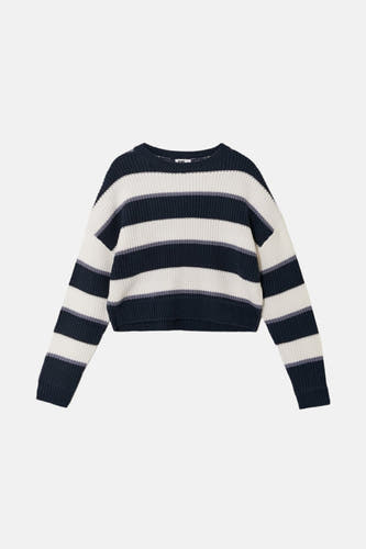 T-shirt bleu avec col rond de TALLY WEIJL, à rayures blanches et grises.