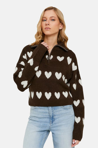Gilet marron avec col en V de TALLY WEIJL, avec un motif de cœur blanc et une fermeture à glissière courte.