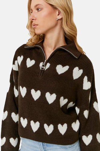 Sweat-shirt marron avec col V de TALLY WEIJL, avec un motif de cœurs blancs et une fermeture éclair argentée.