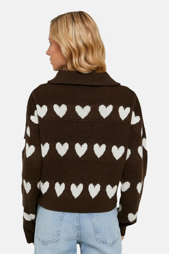 Sweat-shirt marron avec col V de TALLY WEIJL, doté d'un motif à cœur blanc, avec des manches longues et un col.