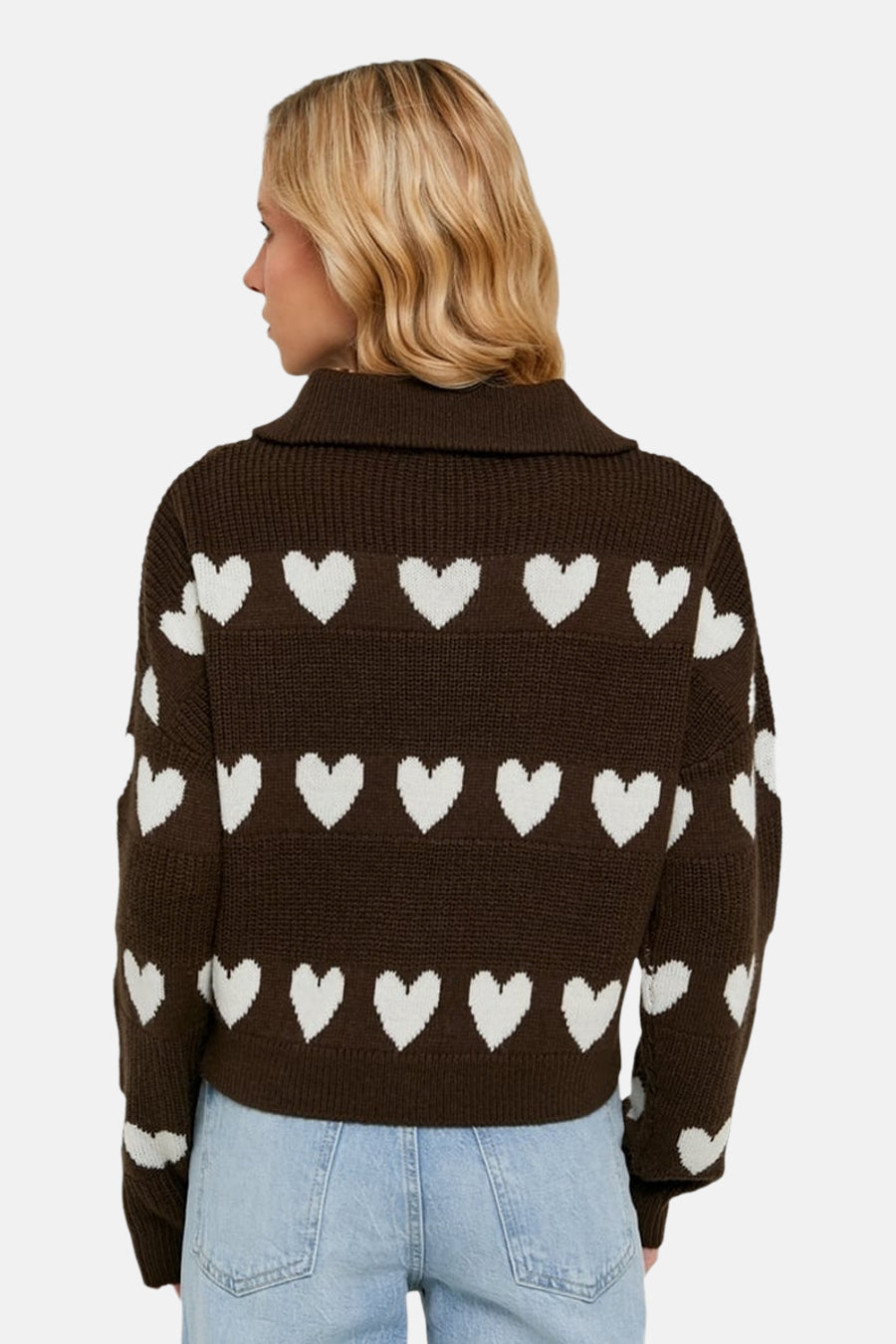 Sweat-shirt marron avec col V de TALLY WEIJL, doté d'un motif à cœur blanc, avec des manches longues et un col.