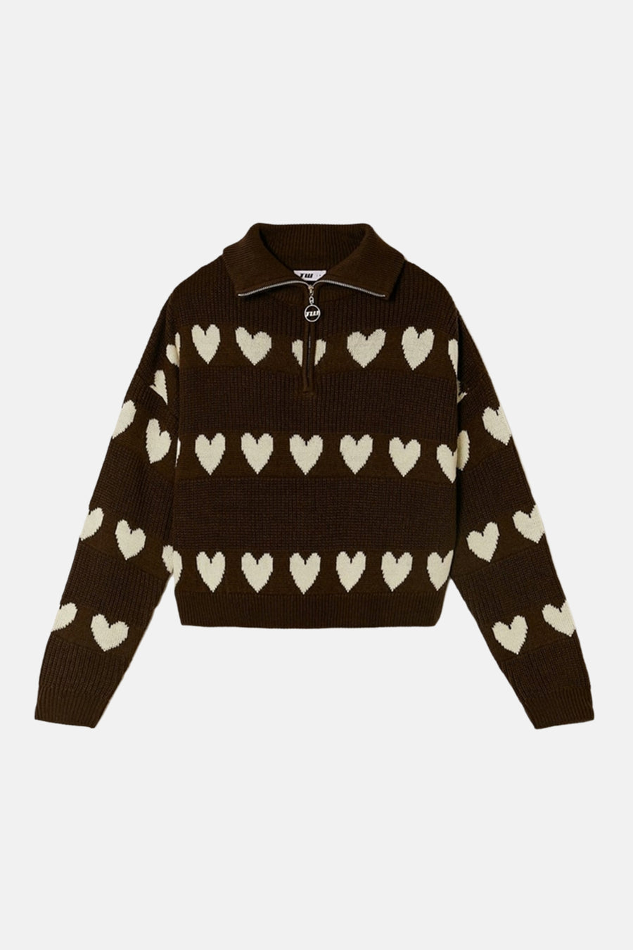 Sweat-shirt marron avec col V de TALLY WEIJL, doté d'un motif de cœurs et d'une fermeture éclair à l'avant.