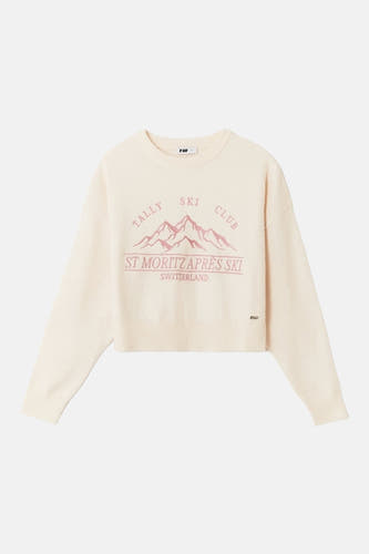 Pull-over blanc avec col rond de TALLY WEIJL, avec "Tally Ski Club" et imprimé montagne.