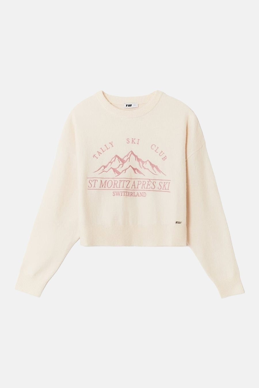 Pull-over blanc avec col rond de TALLY WEIJL, avec "Tally Ski Club" et imprimé montagne.