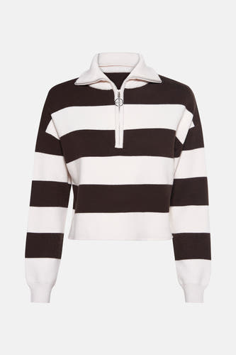 Sweat-shirt marron de TALLY WEIJL, avec des rayures horizontales et une fermeture éclair courte argentée.