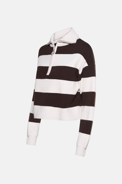 Sweat-shirt marron à rayures de TALLY WEIJL, avec une fermeture éclair courte et des manches longues.