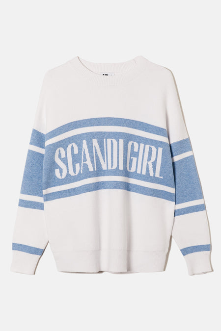 T-shirt blanc avec col rond de TALLY WEIJL, avec des rayures bleues et le texte "SCANDIGIRL" sur l'avant.