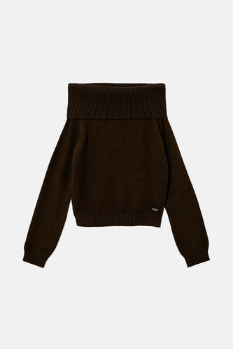 Sweat-shirt à épaules dégagées marron de TALLY WEIJL, avec un large bord côtelé et une petite impression texte.