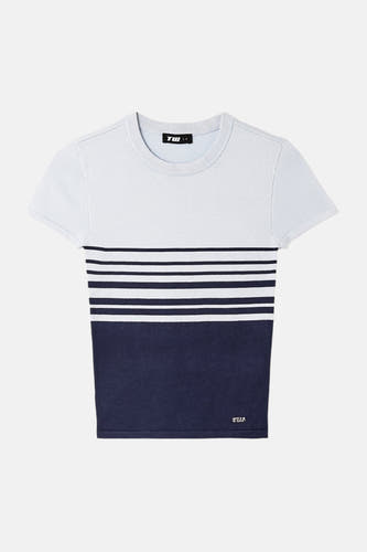 Blauwe pull met korte mouwen van TALLY WEIJL, witte bovenkant met donkerblauwe strepen en ronde hals, front view