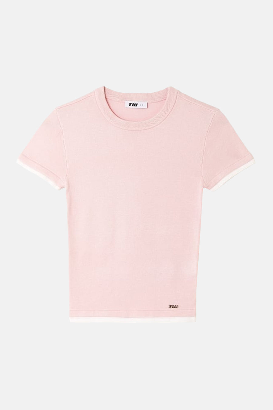 Roze korte mouwen pull van TALLY WEIJL met witte ribbings aan zoom en mouwen, ronde hals, front view