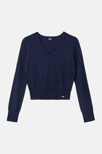Pull bleu à col en V de TALLY WEIJL, modèle court à manches longues.
