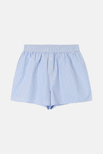 Blauwe short van TALLY WEIJL met een wit-blauwe ruitprint en een elastische tailleband.
