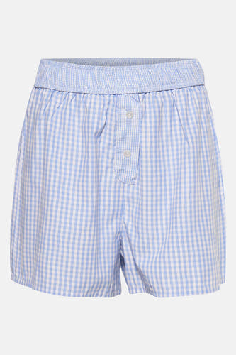 Blauw short van TALLY WEIJL met een wit-blauwe gingham ruit, knoopsluiting en elastische tailleband.

