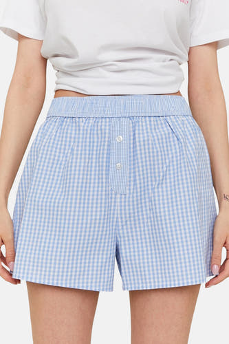 Blauw geruite short van TALLY WEIJL, met een elastische tailleband en knoopdetails.
