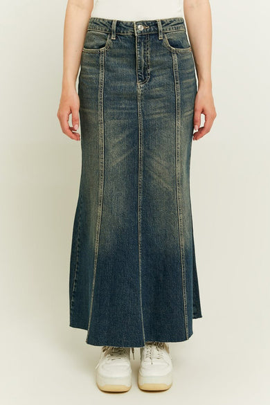 Lange denim rok van TALLY WEIJL, met een vintage wassing en een uitlopende zoom.
