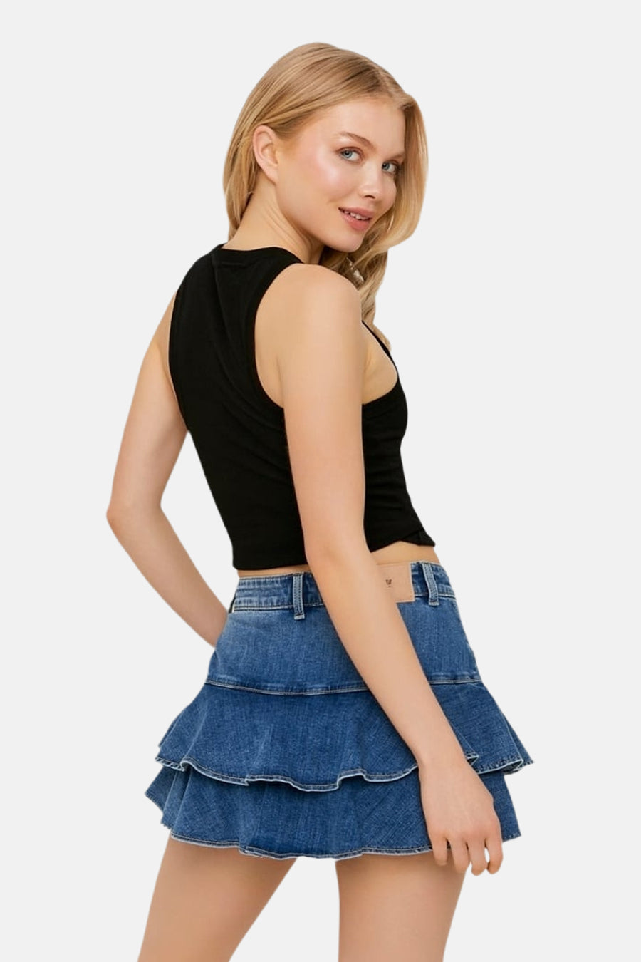 Jupe courte en jean bleu moyen de TALLY WEIJL avec deux volants.