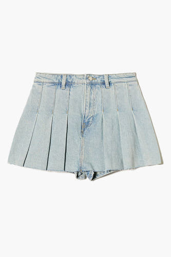 Lichtblauwe denim rok van TALLY WEIJL met plooien en een gerafelde zoom.
